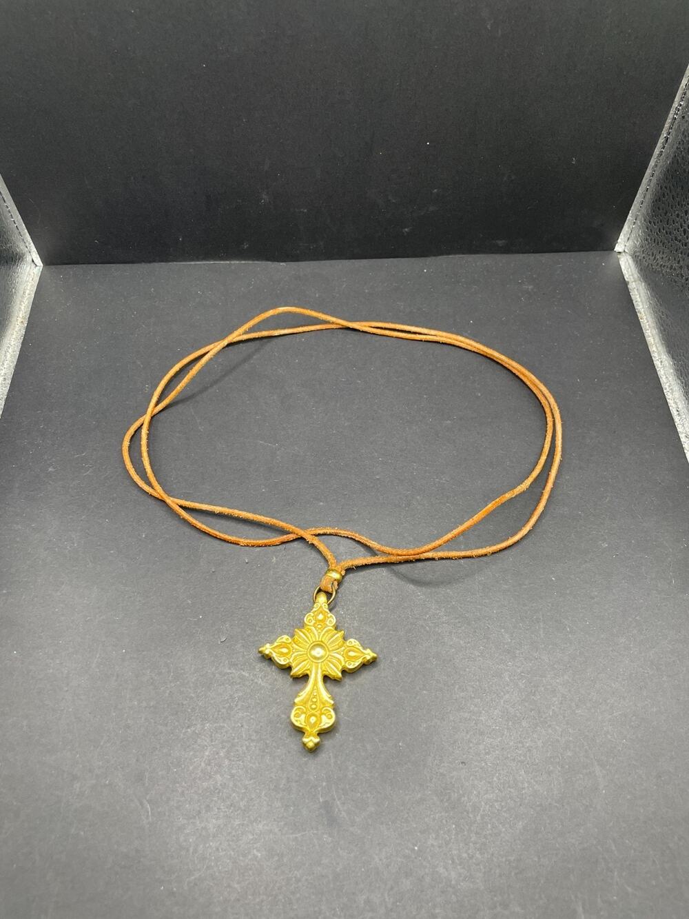 Vintage C Stein Signed Ornate Renaissance Cross Pendant Necklace Cord Chain